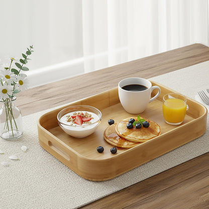 Dicunoy Set of 2 Bamboo Serving Tray, Solid Wood Breakfast Tray with Handles and Arc Angles, Large Size for Food, Dinner, Tea, Coffee, Bar, Parties, 15.6" L x 10.8" W /12.6" L x 8.5" W