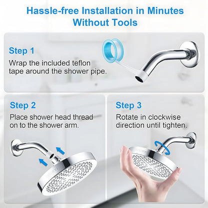 High Pressure Rainfall Shower Head, 6 Inches Showerhead with Perfect Adjustable Replacement, Removable Restrictor, Easy Installation for Your Bathroom Shower Heads (Chrome Plated + Shower Arm)