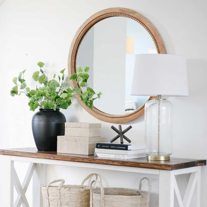 sawsile Round Wood Mirror,24 inch Circle Rustic Farmhouse Natural Wooden Frame Boho Beads Wall Mirror for Bathroom,Living Room,Bedroom or Entryway
