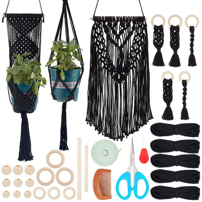 IFNUNLY 8 Set Black DIY Macrame Kit for Beginners - Starter Kit with Wall Hanging, Plant Hanger, Keychain & Instructions