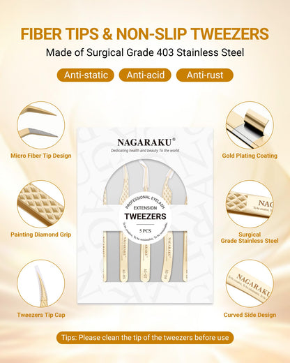 NAGARAKU Eyelash Tweezers Set, 5 PCS Precision Micro Fiber Tip Tweezer for Lash Extensions Antistatic Anti-Slip Straight and Curved Pinzas AG-03/AG-05/AG-07/AG-08/AG-09 with Box For Lash Artists