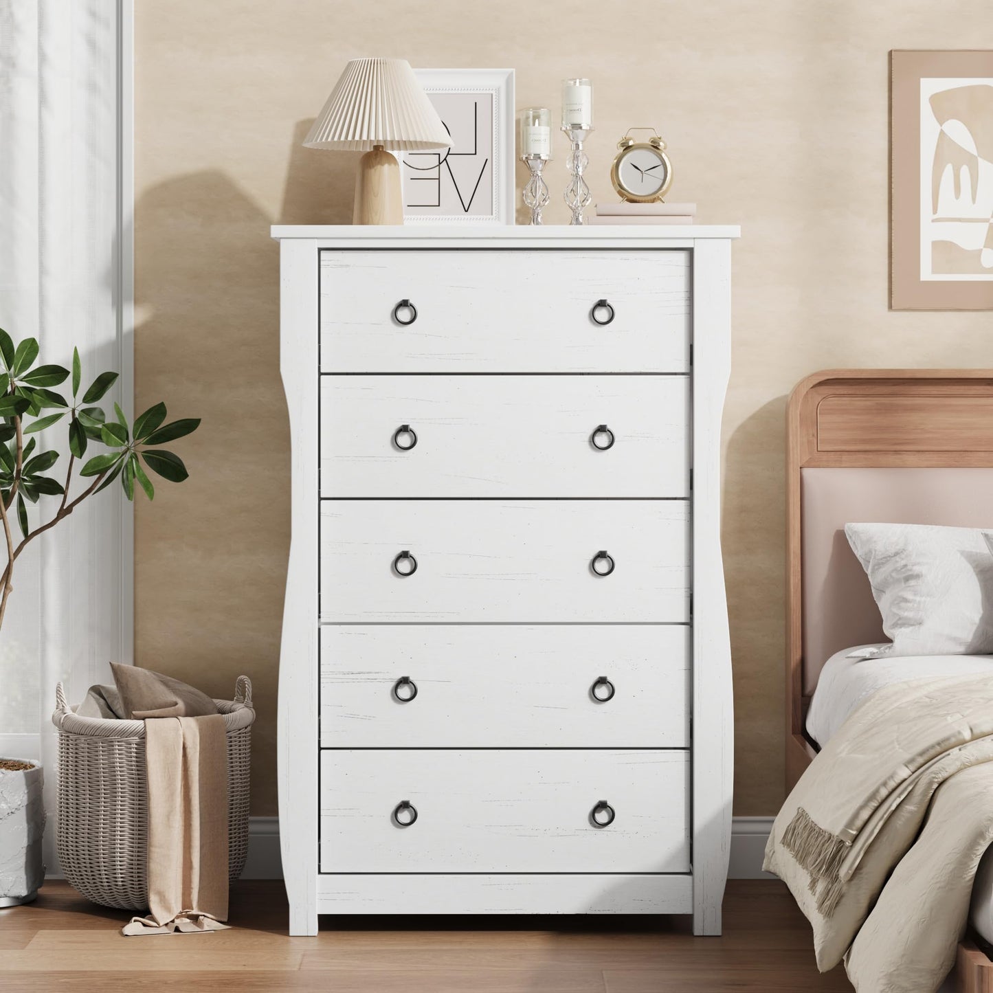 Garvee Nightstand for Bedroom, 5 Drawers & Wooden Top, Modern Bedside Table with Large Storage Space, Organizer Cabinet with Metal Ring Handles for Closet, Hallway, Entryway, White