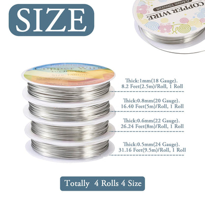 Pandahall 4 Rolls Silver Copper Wire 18/20/22/24 Gauge Crafting Wire 4 Sizes Tarnish Resistant Wrapping Wire Bendable Metal Wire for Handcrafting Supplies
