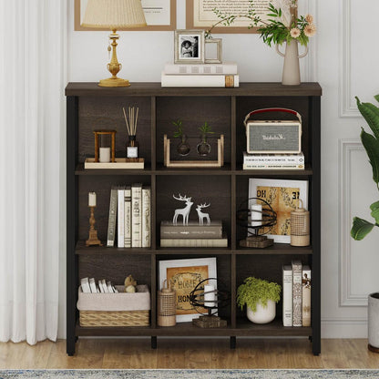 FATORRI 9 Cube Storage Bookshelf, Modern 4 Shelf Book Shelf, Wood and Metal Cubby Bookcase for Home Office (39.38 Inch W, Walnut Brown)