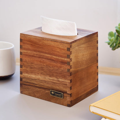 SANOSY Acacia Wood Tissue Box Cover and Holder for Kleenex, Rectangle, and Cube Boxes, Decorative Facial Cube Organizer for Modern Farmhouse Decor on Tabletop, Nightstand, Bathroom, Office.
