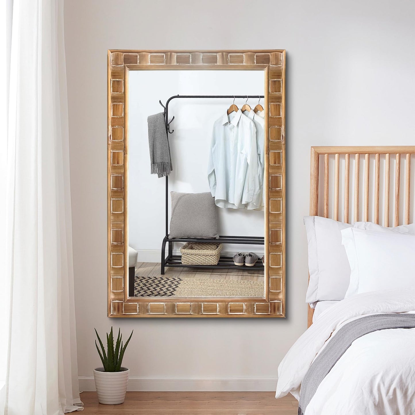 POZINO Rustic Wood Mirror, 24"X36" Farmhouse Bathroom Mirror for Over Sink, Natural Wooden Rectangle Wall Mirrors for Living Room Entryway Bedroom Hallway Fireplace, Horizontal Or Vertical