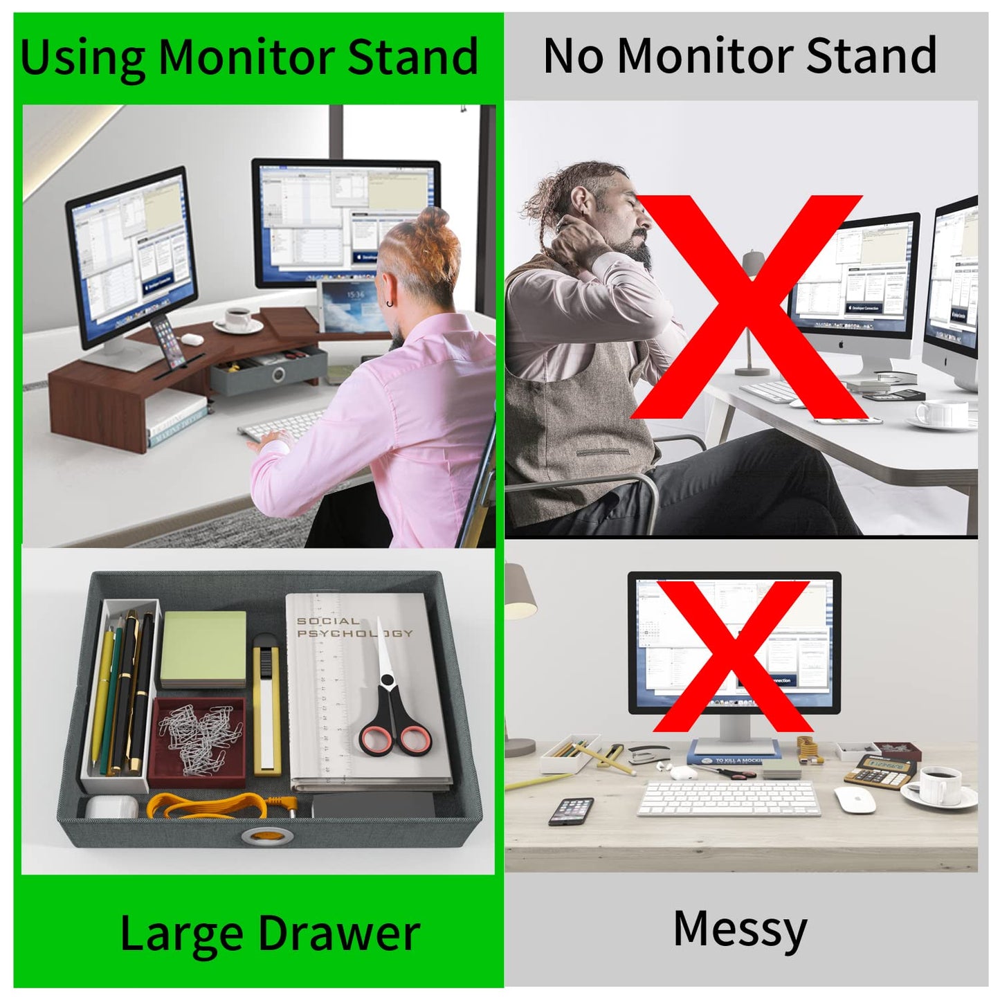 WESTREE Dual Monitor Stand Riser with Drawer - Adjustable Length and Angle, 2 Phone Hold, Desktop Organizer for Computer/Laptop/PC/Printer