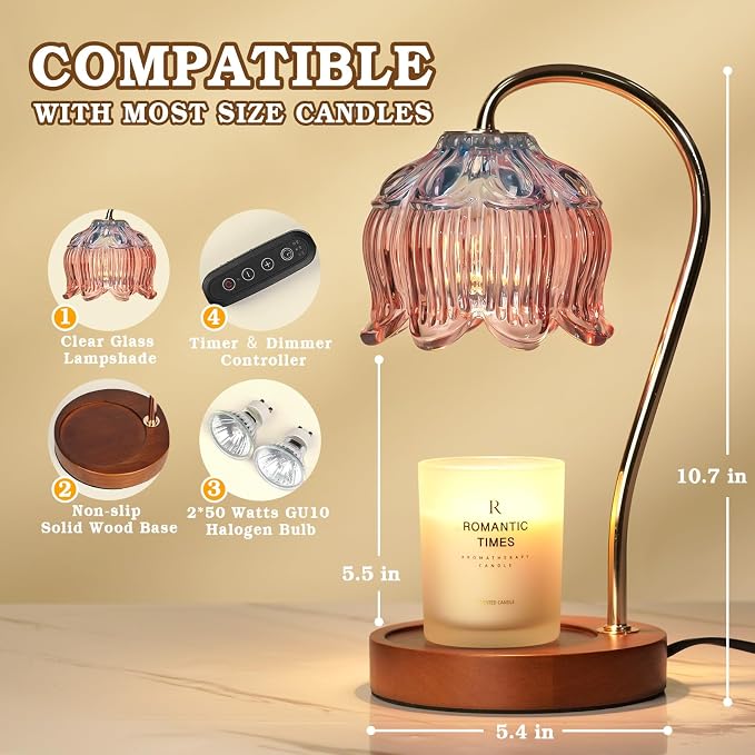 Funistree Flower Candle Warmer Lamp with Timer, Dimmable Candle Lamp Warmer, Christmas Birthday Gifts for Women Mom Her, Housewarming Home Decor, Lotus Wax Warmer for Yankee Candles - Blue&Pink