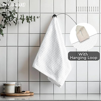 Encasa XO Kitchen Dish Towels Set | White | Waffle Weave and Flat Hand Tea
