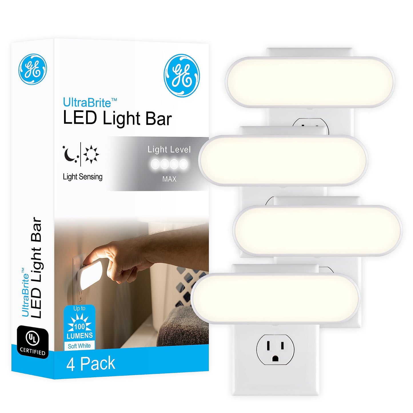 GE Ultrabrite LED Light Bar Night Lights Plug Into Wall Room Decor Ambient Lighting Dusk to Dawn Sensor Bright Nightlight, White, 100 Lumens, 2 Pack