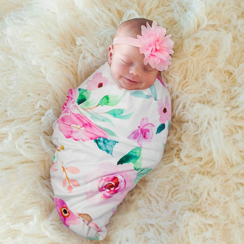 R HORSE Newborn Baby Swaddle Blankets Headband Sets Including 2 Pack of Floral Pattern Receiving Blanket & Headband for Baby Shower Newborn Gift (0-3 Months)