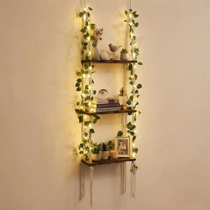 Novabright 3-Tier Boho Wall Hanging Shelves with LED Lights and Green Leaves, Irregular Edge, Floating Wall Shelf for Bedroom Art, Wooden Hanging Floating Storage Shelves Room Decor