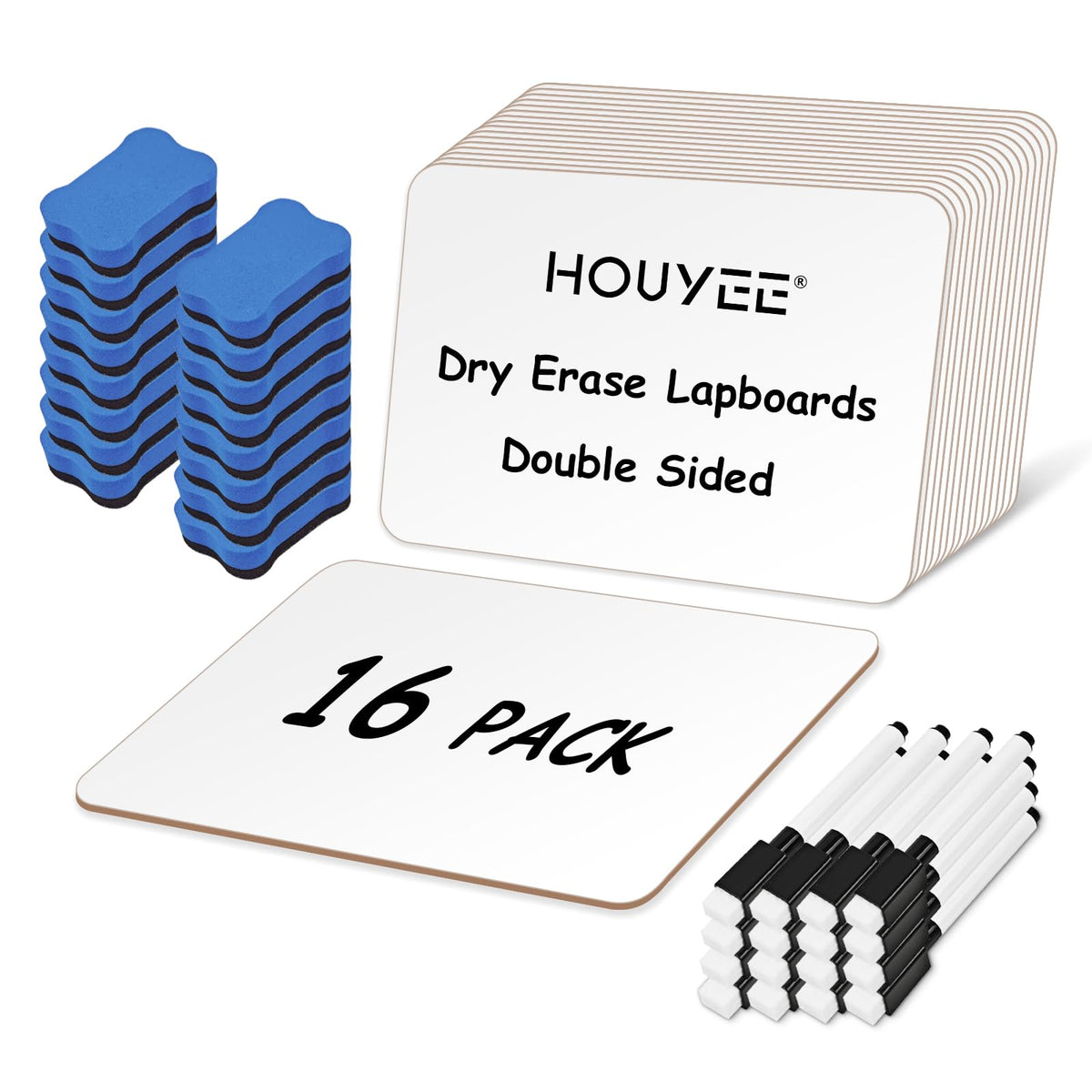 HOUYEE 16 Pack Small White Board Dry Erase Boards, 9 x 12 Inch Double Sided Mini Dry Erase LapBoards with 16 Erasable Pen & 16 Erasers, Handheld Whiteboards Suitable for Offices, Homes, Classrooms
