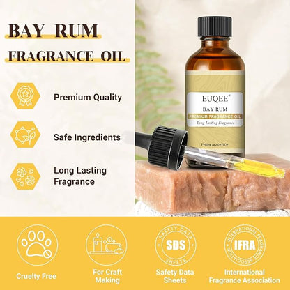 EUQEE Bay Rum Fragrance Oil with Glass Dropper, Essential Oils for Candle & Soap Making, Diffusers, DIY Bath Bombs (2.02 Fl oz/60 ml)