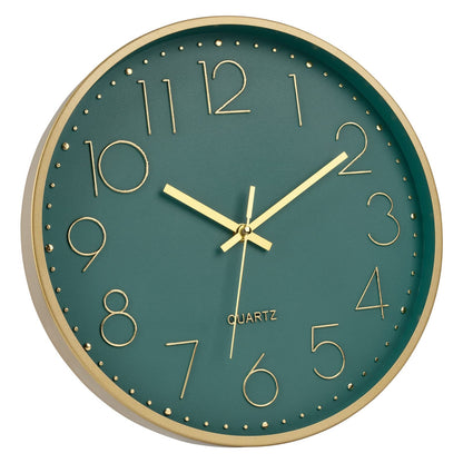 Foxtop Modern Wall Clock 12 Inch Silent Non Ticking Battery Operated Round Quartz Gold Wall Clock for Living Room Bedroom Kitchen Office Classroom Decor (Dark Green Dial)