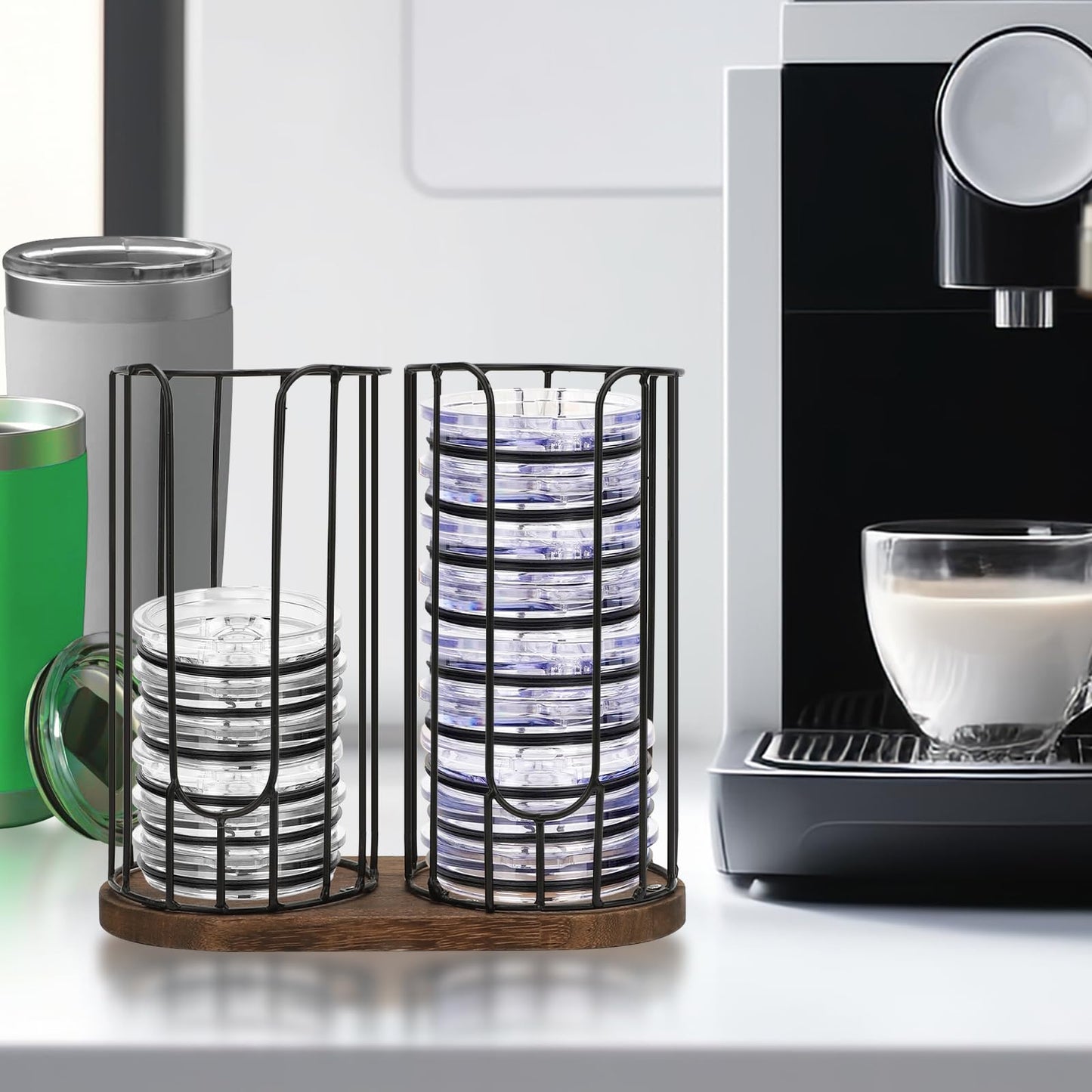 Tanggiteck 2-Compartment 18oz Coffee Cup Dispenser Rack with Wood Base, Disposable Cup, and Lid Organizer for Countertop - Perfect for Paper Cups, and Lid Organizer
