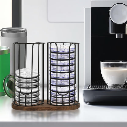Tanggiteck 2-Compartment 18oz Coffee Cup Dispenser Rack with Wood Base, Disposable Cup, and Lid Organizer for Countertop - Perfect for Paper Cups, and Lid Organizer