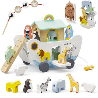 HASHMUST Wooden Noah's Ark Toy for 1 Year Old Baby Boy and Girl Gift - Pull Along Toddler Montessori Toy with Animal Shape Sorter Stacker for 1-3 Christmas Birthday Preschool Baptism Gift