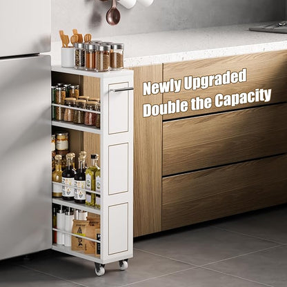 KLM 4 Tier White Slim Storage Cart with Handle, Slide Out Storage Rolling Utility Cart for Kitchen, Laundry, Narrow Places-6.7" W