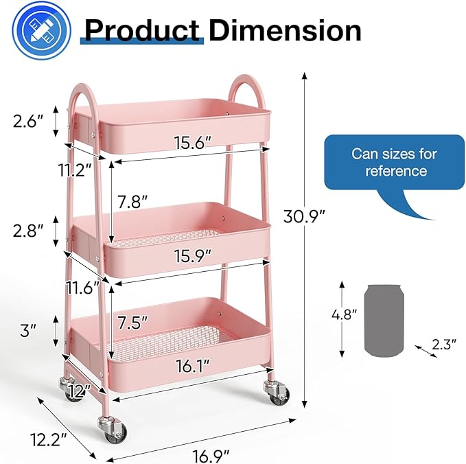OLIXIS Metal 3 Tiers Utility Rolling Cart, Mobile Storage Shelf with Lockable Caster Wheels, Organization for Livingroom, Bathroom & Narrow Places, Pink