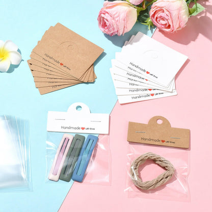 Gelirda 100Pcs Rectangle Cellophane Bags with Clear Window Handmade Packaging Pouch with Foldable Header Cards for Jewelry Packaging Accessory