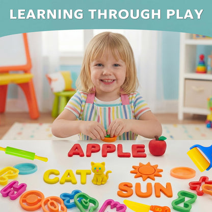 55 Pcs Alphabet & Number Dough Tool Set – Clay Play Kit for Kids with Rolling Pins, Geometric Cutters & Letter Molds, Modeling Accessories for Creative Learning