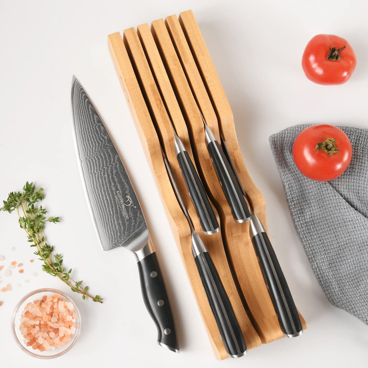 Kitchen Damascus Knife Set, 15 Pieces Kitchen Knife Set with Block, ABS Ergonomic Handle for Chef Knife Set, Knife Sharpener, Kitchen Shears, Natural Wooden Block and Bamboo Drawer Organizer, Gift Box