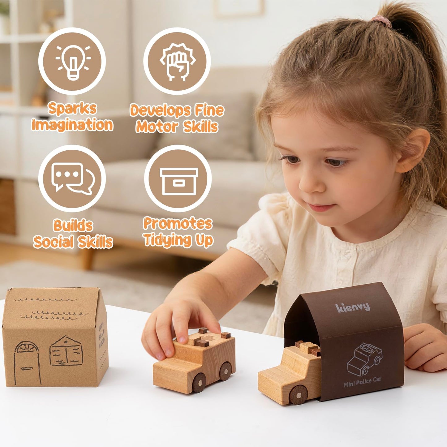 kienvy Wooden Toy Cars for 3 Year Old Boys & Girls - Construction Vehicles Set Push Toys for Toddlers, Wood Montessori Car with Rolling Wheels, Natural Wood Toys (Ambulance & Police Car)