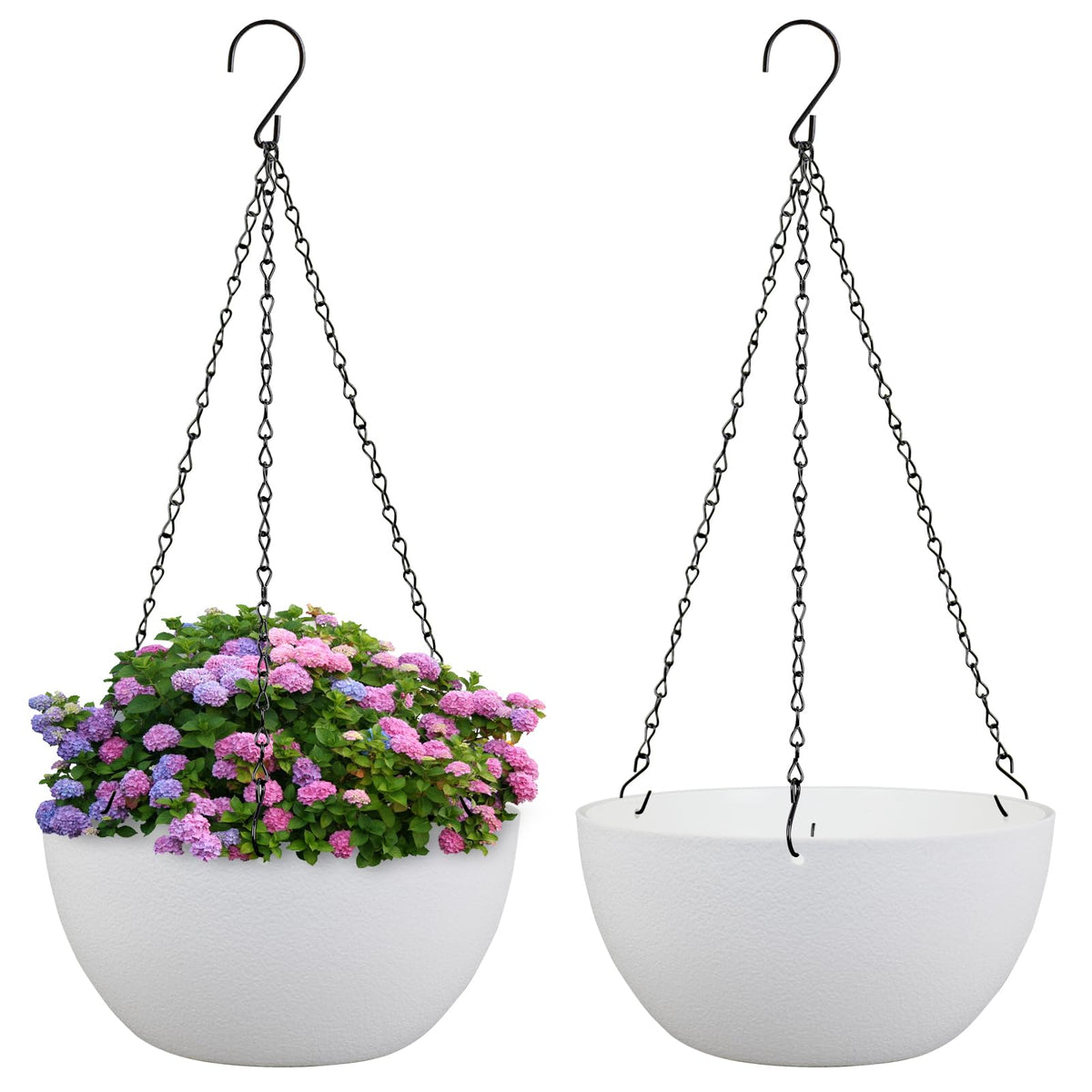 Meowell 10 inch Hanging Planters for Indoor Outdoor Plants, 2 Pack Hanging Flower Pots with Drainage Holes and Chain for Garden Balcony Porch, Round Plastic Hanging Baskets for House Plants, White