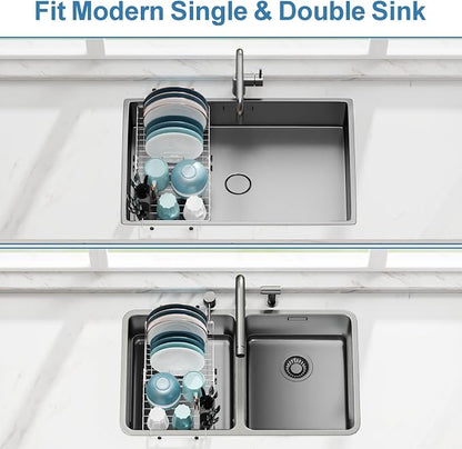 GSlife Over Sink Dish Drying Rack - Large Expandable Stainless Steel in Sink Dish Drainer with Square Corners, Rust Resistant with Lock Knob, Heavy Duty Fit for Modern Single & Double Sinks, Silver