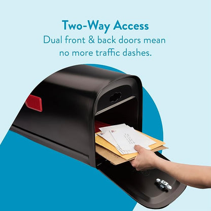 Architectural Mailboxes 6300B-10 Oasis 360 Locking Parcel Mailbox, Extra Large, Black, 6300B-10 | Galvanized steel build with a secure steel cam lock, dual access doors, and hopper delivery door. USPS approved.