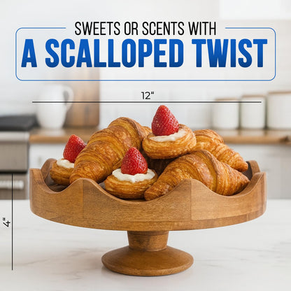 Mela Artisans 12 in Wide x 4 in Tall Mango Wood Footed Bowl – Hand-Carved Scalloped Decorative Serving and Fruit Pedestal Bowl for Kitchen Counter, Snacks, Bread and Home Decor