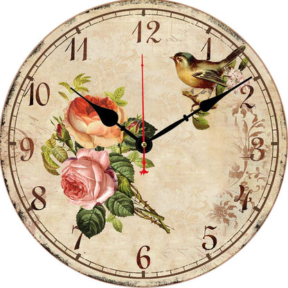 BERYART 14 Inch Silent Non-Ticking Wall Clock, Big Arabic Numerals Wall Clocks, Wooden Round Clock, Battery Operated Home Decor Hanging Clocks, Bird on Flower Pattern Clock …