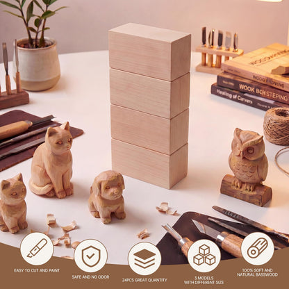Basswood Carving Blocks - 4 Pack 6 x 3 x 3 inch Whittling Bass Wood Blocks Wood Carving Kit for Beginners, Soft Woodworking Blanks for Whittling, Use for Home, Crafts, Arts, DIY Projects