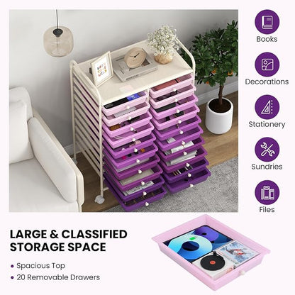COSTWAY 20-Drawer Rolling Storage Cart, Utility Storage Organizer Cart for Tools, Scrapbook, Paper, Craft, Multipurpose Storage Trolley on Wheels for Home Office School, Purple Gradient