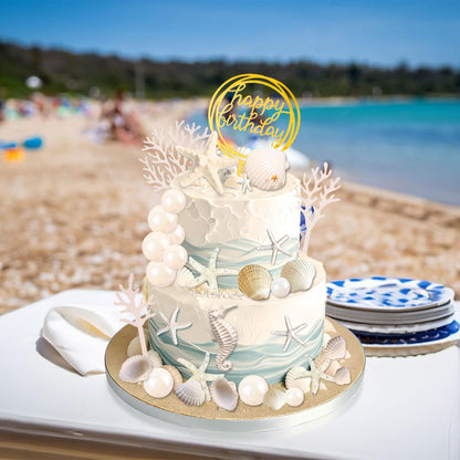 34 PCS Beach Seashell Cake Toppers, Beach Seashell Cake Decorations Birthday Party Decorations Under the Sea Ocean Cake Decoration for Summer Ocean Sea Starfish Theme Party Supplies