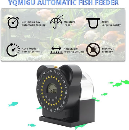 Fish Feeders for Aquariums LCD Display,Automatic Feeder USB,Up to 24 Feedings A Day, with Food Containers 280 ML Capacity, Fish Feeding Ring, Suitable for Vacation Weekend Day