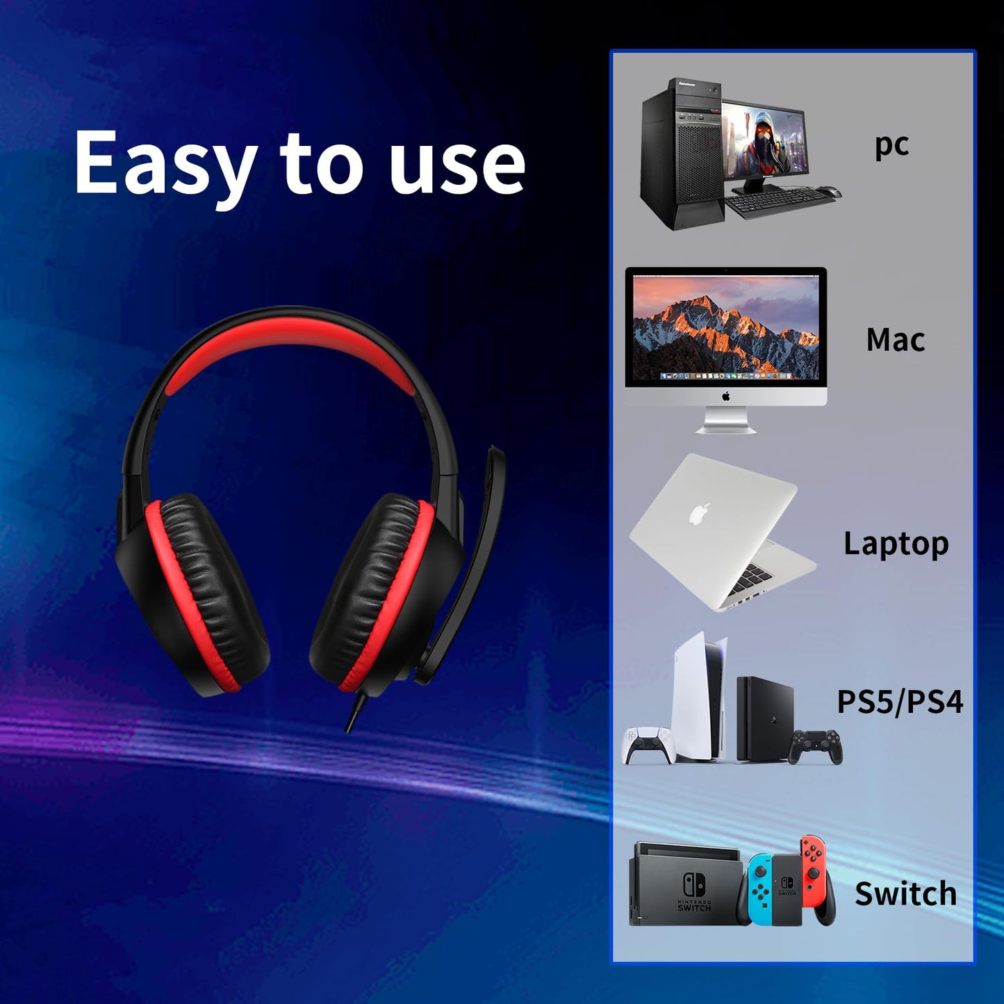 ETWAR B3 Gaming Headset for Nintendo Switch, Xbox One, PS4, Mega Bass Surround and Noise Cancelling 3.5mm Jack Over Ear Headphones with Mic for Laptop PC Red