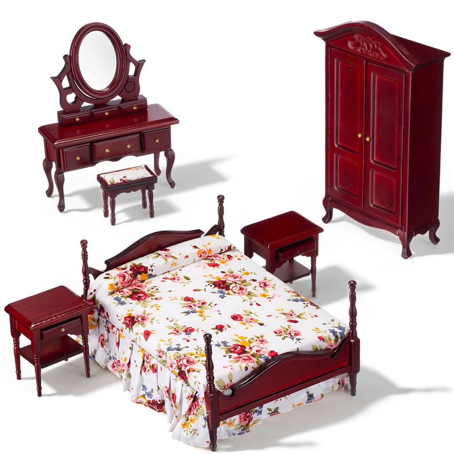 Skylety 7 Pcs Victorian Dollhouse Furniture Set 1: 12 Scale Wooden Mini House Bedroom Furniture and Accessories, Bed Dressing Table Wardrobe Carpet for Adults Toy Gift Miniature Doll House Accessories