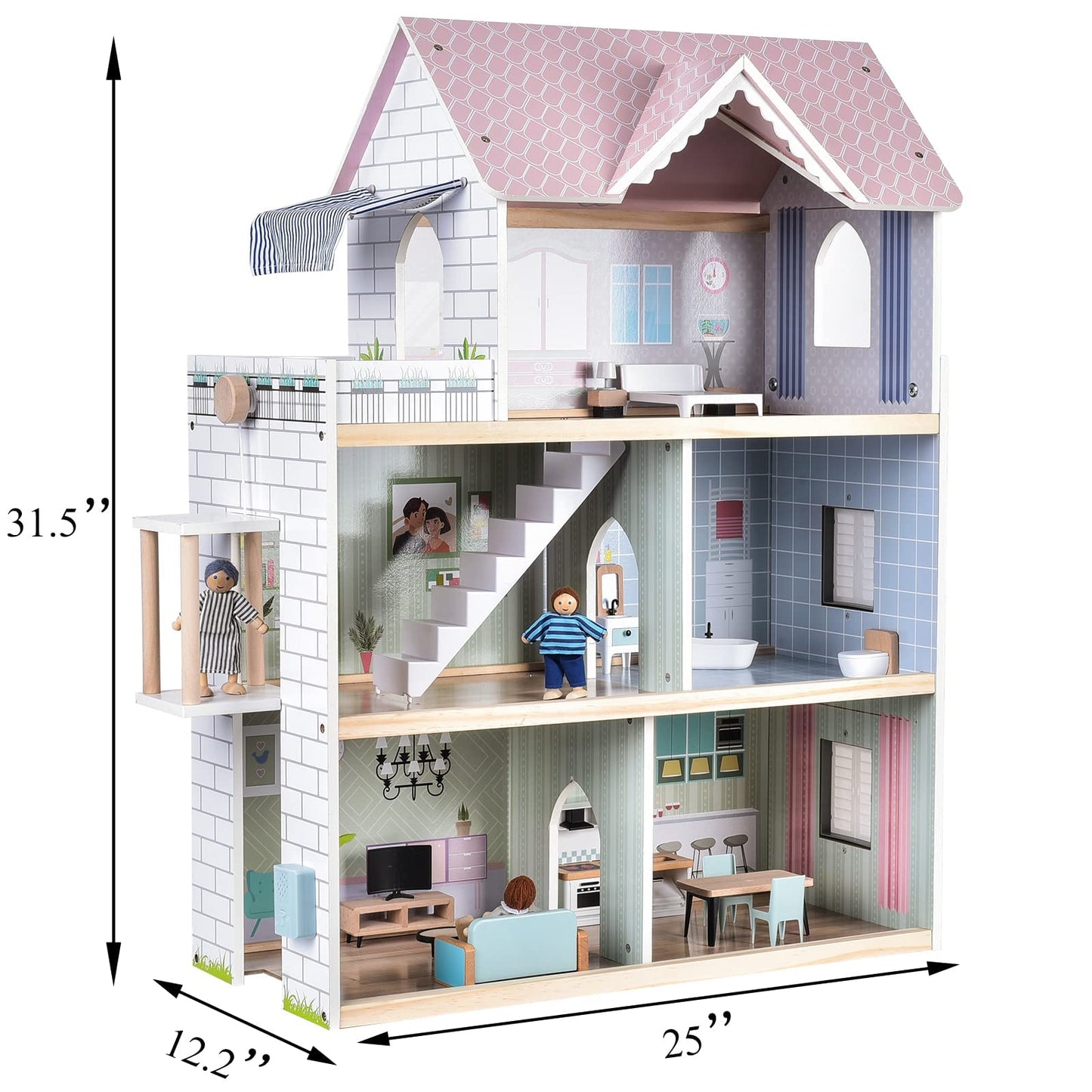 Giant bean Large Pink Wooden Dollhouse with Furniture for Girls with Doorbell, Light,Elevator, 6 Rooms 2.6ft High,17Pcs Furniture & 3 Dolls, Kids Playhouse Toy for Girls 3-7+, 31.5" x 25" x 12.2"