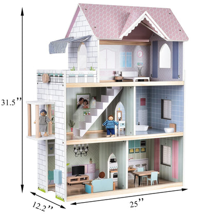 Giant bean Large Pink Wooden Dollhouse with Furniture for Girls with Doorbell, Light,Elevator, 6 Rooms 2.6ft High,17Pcs Furniture & 3 Dolls, Kids Playhouse Toy for Girls 3-7+, 31.5" x 25" x 12.2"