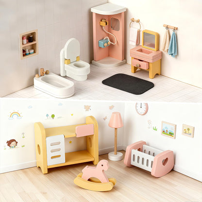 Peccvon 35PCS Wooden Dollhouse Furniture Set with Dolls for 5 Rooms Kits, Doll House Accessories Furniture Toys for Toddlers, Pretend Play Toys Christmas Birthday Gift for Girls and Boys, 3+