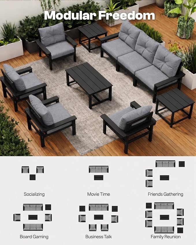 HDPE Outdoor Patio Furniture Set, 7-Piece Patio Conversation Sets with Coffee Table & Side Table & Grey Washable Thick Cushions, Outdoor Sofa for Balcony, Porch(Black Frame)