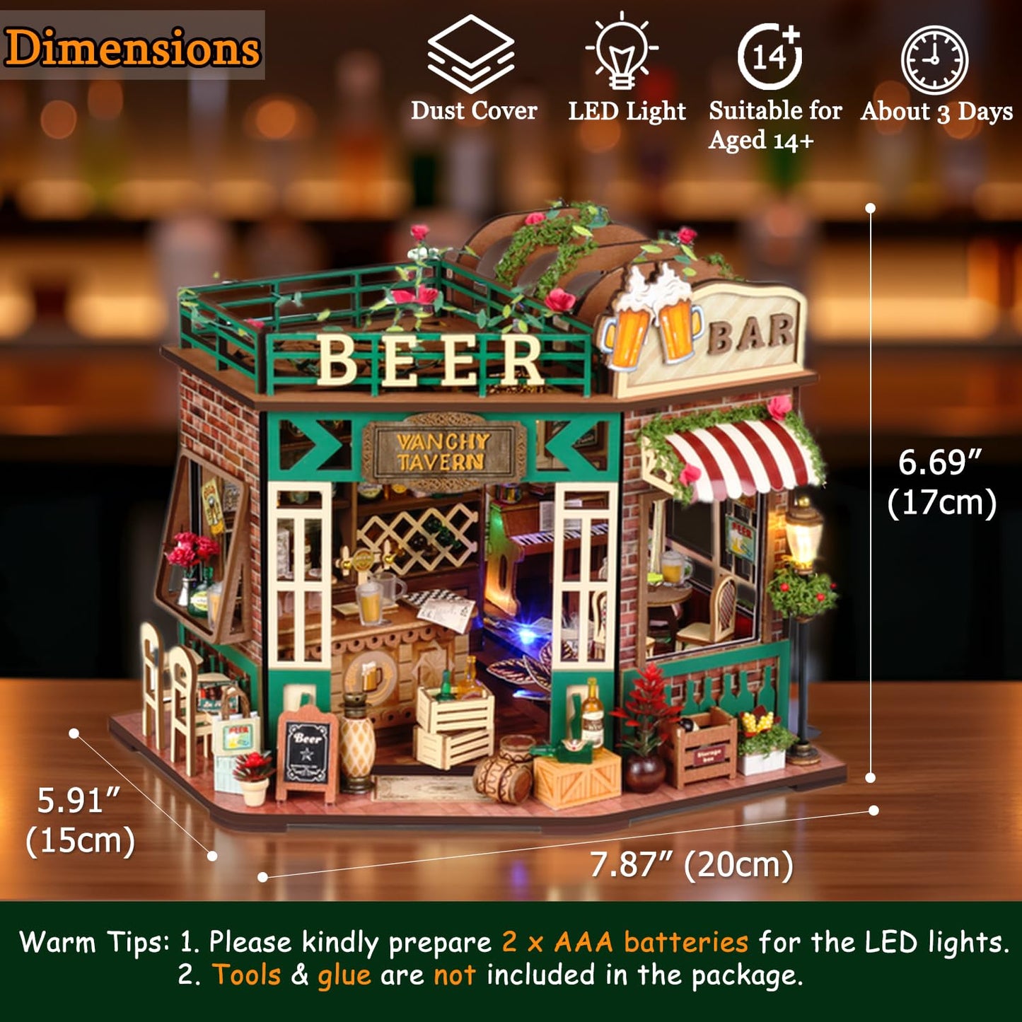 TuKIIE DIY Miniature House Kit with Furniture, 1:24 Scale Creative Room Mini Wooden Dollhouse Book Nook for Kids Teens Adults(Beer Bar)