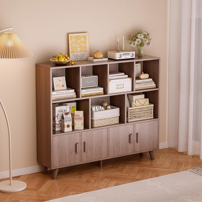 OSCHF Cubby Shelf Bookcase with Doors - Wooden 11 Cube Floor Standing Open Bookshelf with Solid Wood Legs, 3-Tier Storage Cabinet, Walnut
