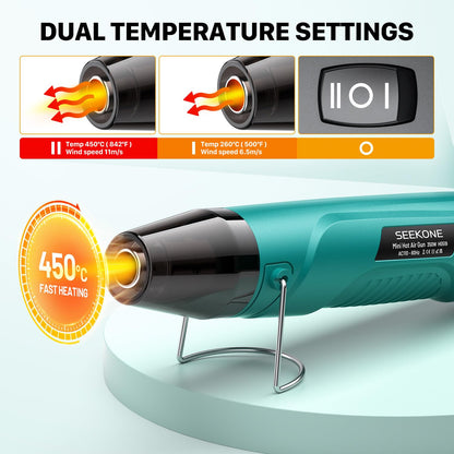 SEEKONE 350W Mini Heat Gun, Dual-Temp Model 500℉ & 842℉（260℃ & 450℃）Fast Heat Hot Air Gun with Overheat Protection and Reflector Nozzle for Heat Shrinking Tubes, Shaping, PVC Tubing（4.9FT）