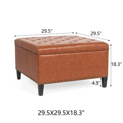 Homebeez Faux Leather Storage Ottoman Bench, Square Coffee Table Footstool Footrest with Wood Legs for Living Room (Cognac Brown)