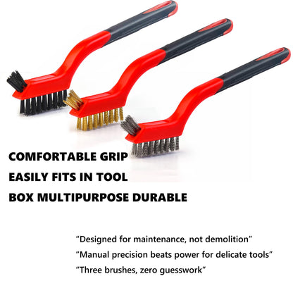 Wire Brush 9Pcs Metal Scrubber - Nylon/Brass/Stainless Steel Bristles with Curved Handle Grip for Cleaning Rust Removal, Dirt, Paint Scrubbing with Deep Cleaning – 7 Inches