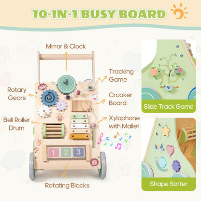 Brownroot Wooden Baby Walker with 10-in-1 Activity Center Adjustable Height Montessori Toddler Push Toy with Xylophone, Shape Sorter Gears for 1 2 3 Year Old Boys Girls