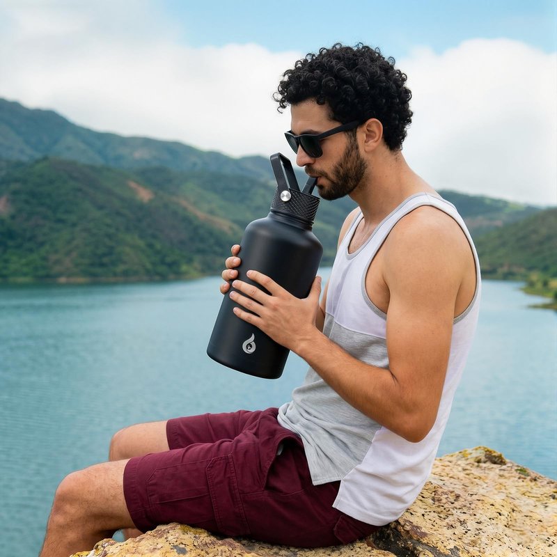 BJPKPK Half Gallon Insulated Water Bottles with Straw Lid, 64oz Large Water Jug, Stainless Steel Bottles with 3 Lids and Paracord Handle, Thermo for Hot & Cold Liquid, Army Green